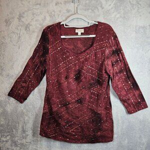 Dressbarn Burgundy Sequin Top With 3/4 Sleeves & Square Neckline L